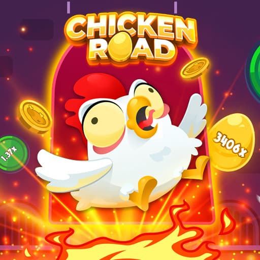 Arte oficial do Chicken Road: a galinha entre moedas de ouro e fogo, com o logotipo do jogo